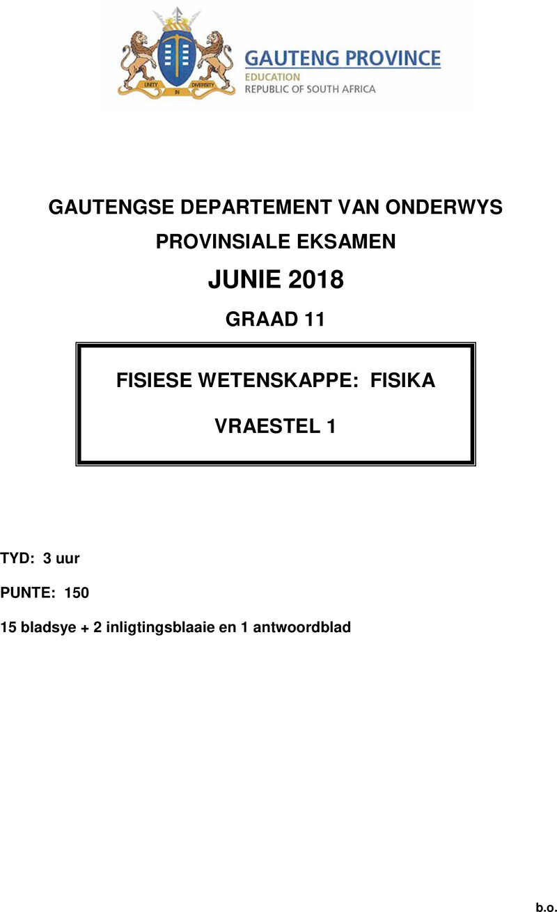 Grade 11 Provincial Exam Physical Sciences P1 Afr June 2018 QP