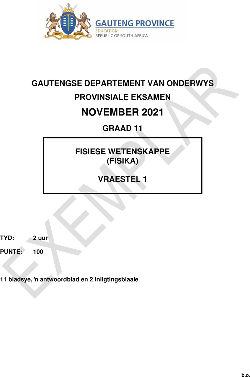 Grade 11 Provincial Exam Physical Sciences P1 Afr November 2021 QP