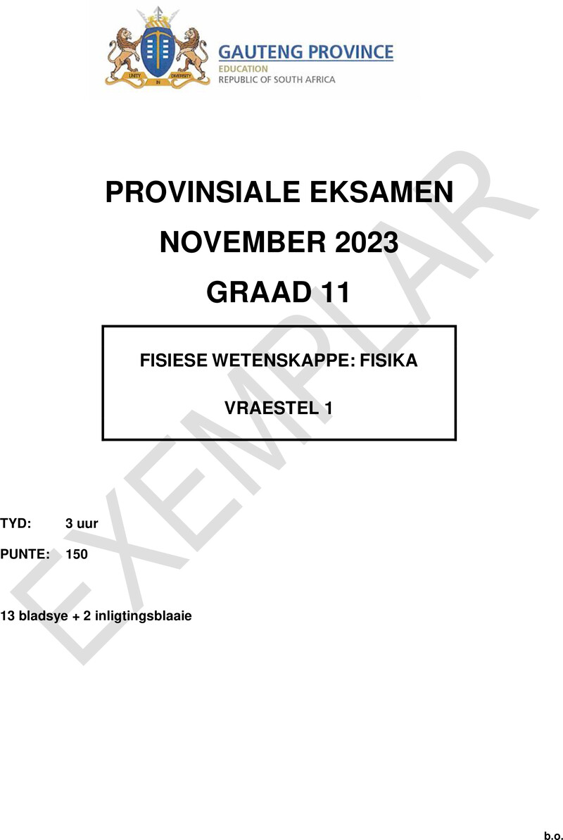 Grade 11 Provincial Exam Physical Sciences P1 Afr November 2023 QP