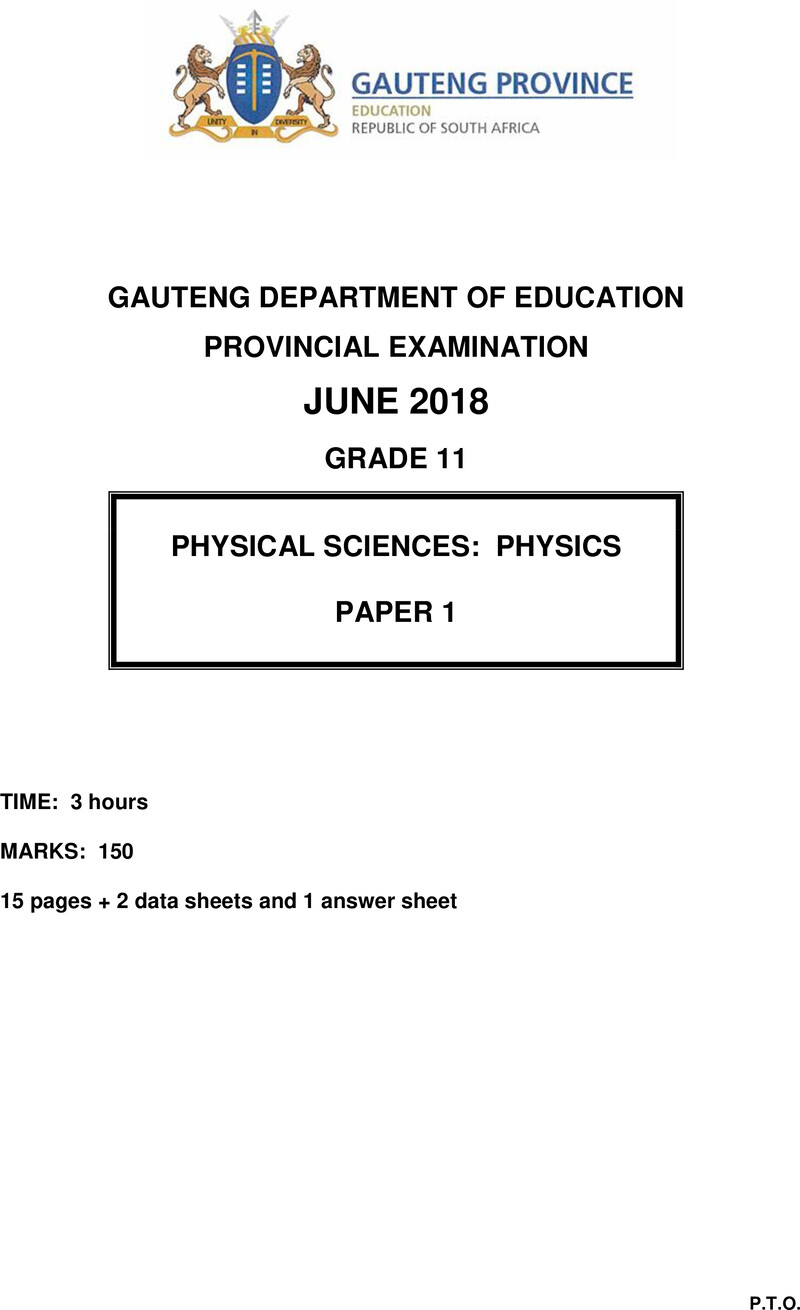 Grade 11 Provincial Exam Physical Sciences P1 June 2018 QP