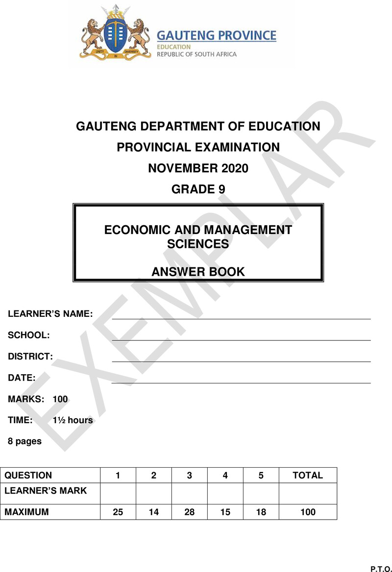 Grade 9 Provincial Exam Economic And Management Sciences Ng 2020 Exemplars Answer Book