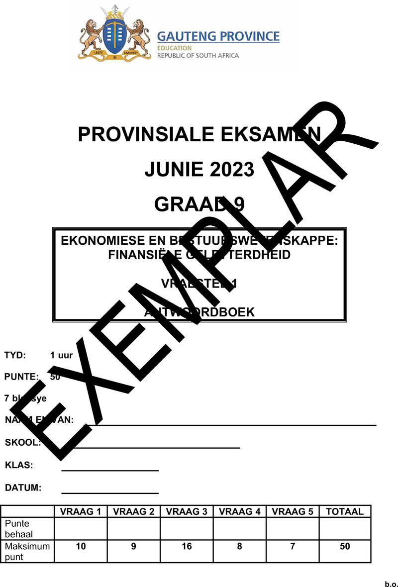 Grade 9 Provincial Exam Economics And Management Sciences P1 Afr June 2023 Answerbook