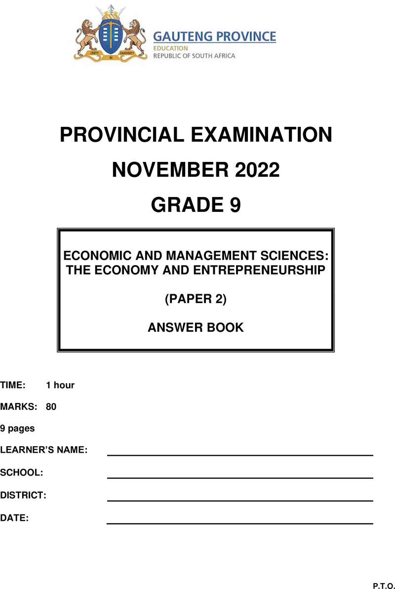 Grade 9 Provincial Exam Economics And Management Sciences P2 Ng November 2022 Answer Book