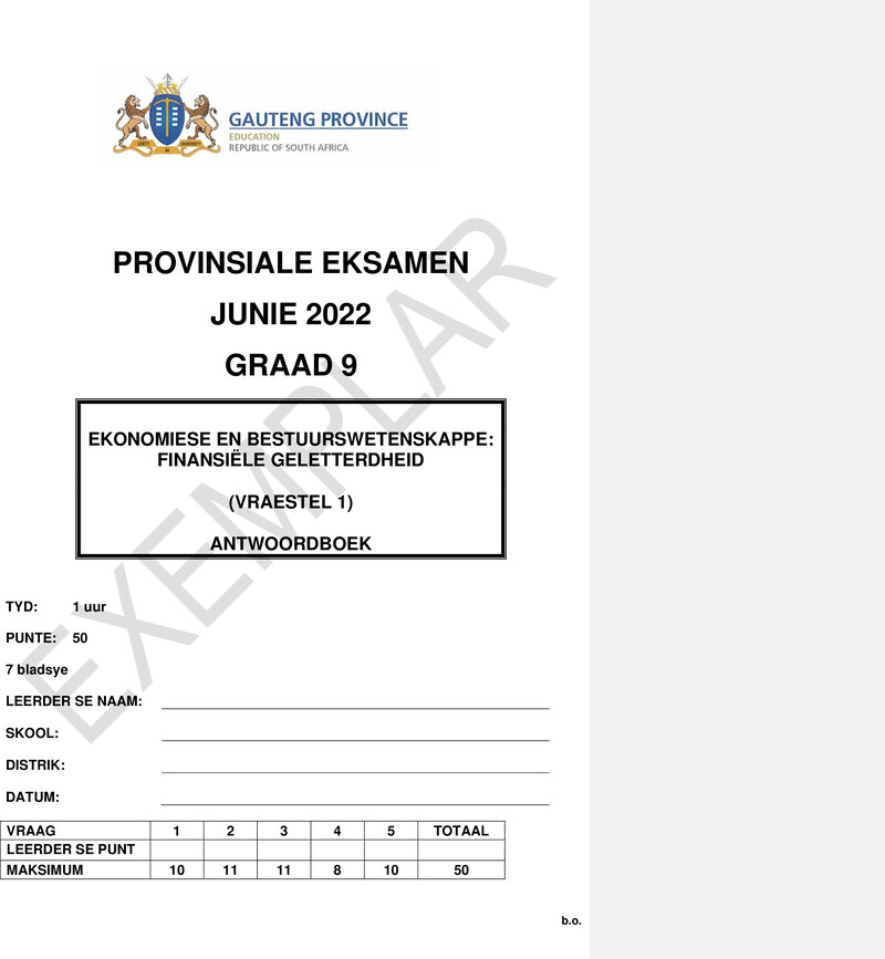 Grade 9 Provincial Exam Economics Management And Sciences P1 Afr June 2022 Answer Book
