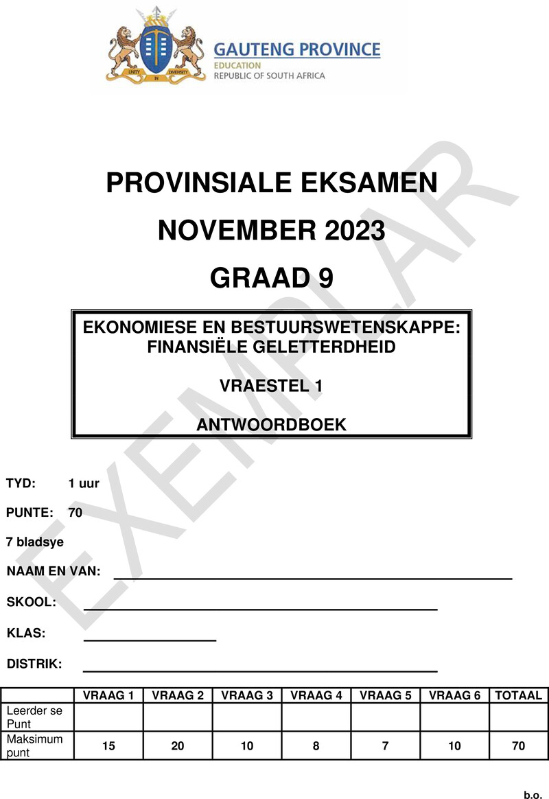 Grade 9 Provincial Exam Economics Management And Sciences P1 Afr November 2023 Answer Book