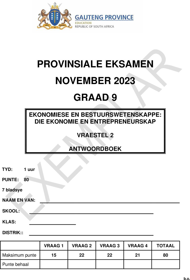 Grade 9 Provincial Exam Economics Management And Sciences P2 Afr November 2023 Answer Book