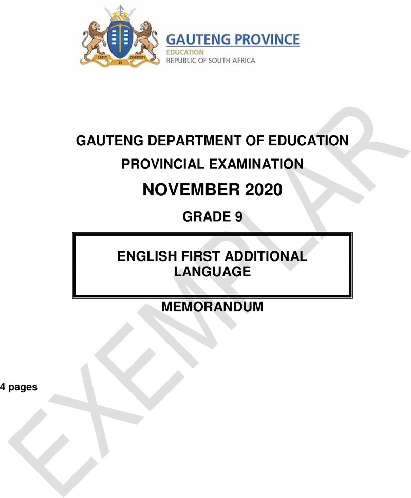 Grade 9 Provincial Exam Ng First Additional Language 2020 Exemplars Possible Answers