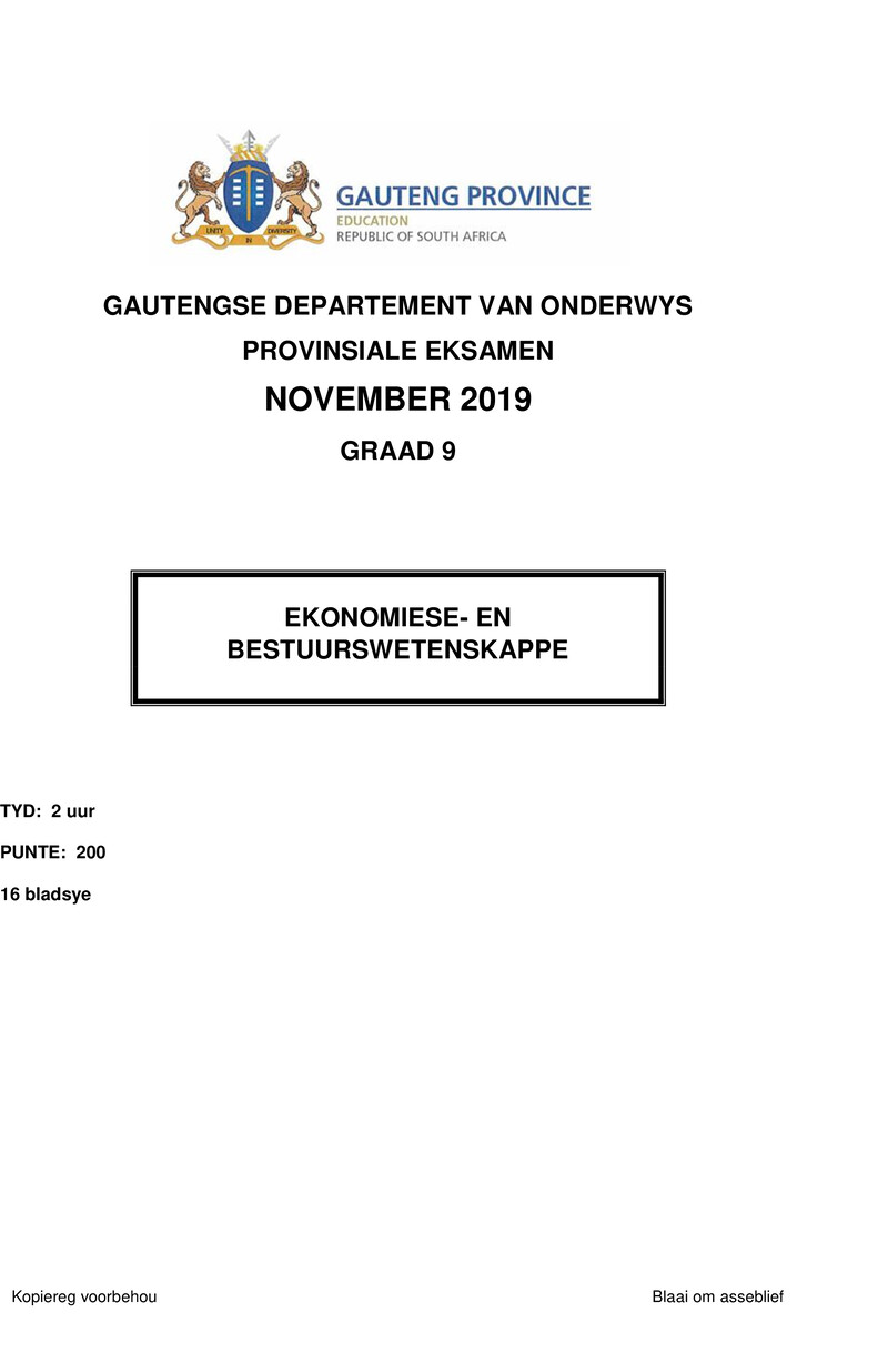 Grade 9 Provincial Exam Economic And Management Science Afr November 2019 QP