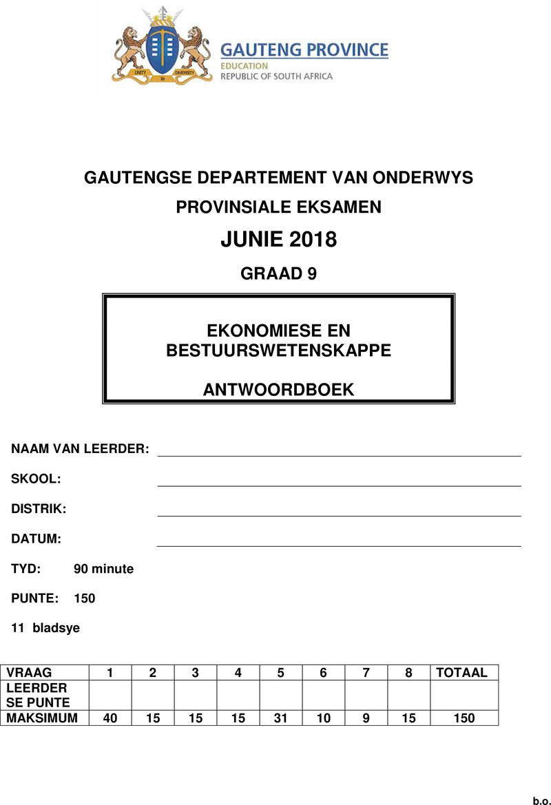 Grade 9 Provincial Exam Economic And Management Sciences Afr June 2018 Possible Answers