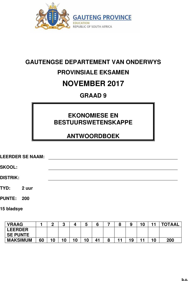 Grade 9 Provincial Exam Economic And Management Sciences Afr November 2017 Possible Answer