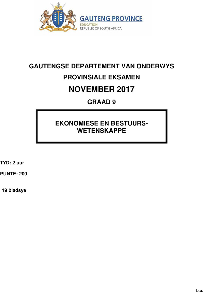 Grade 9 Provincial Exam Economic And Management Sciences Afr November 2017 QP