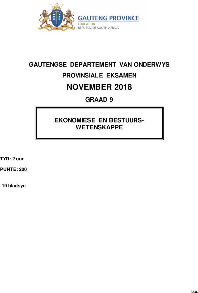 Grade 9 Provincial Exam Economic And Management Sciences Afr November 2018 QP