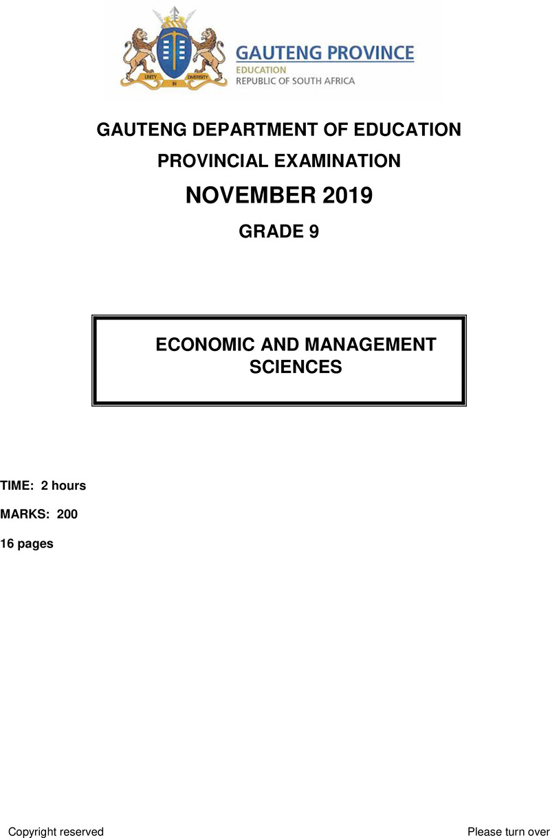 Grade 9 Provincial Exam Economic And Management Sciences Ng November 2019 QP