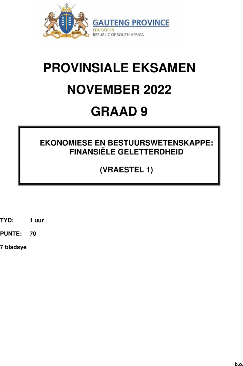 Grade 9 Provincial Exam Economics And Management Sciences P1 Afr November 2022 QP