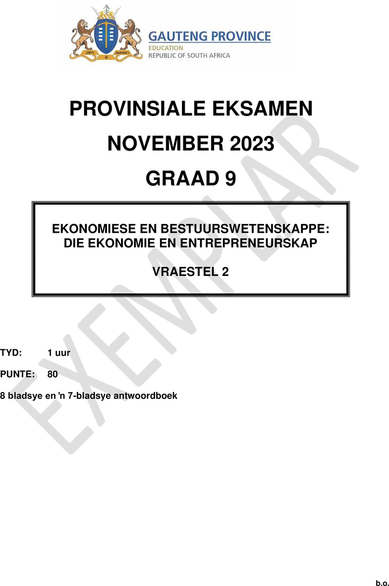 Grade 9 Economics Management And Science past paper 2023 – grade 9 provincial exam economics management and sciences p2 afr november 2023 qp