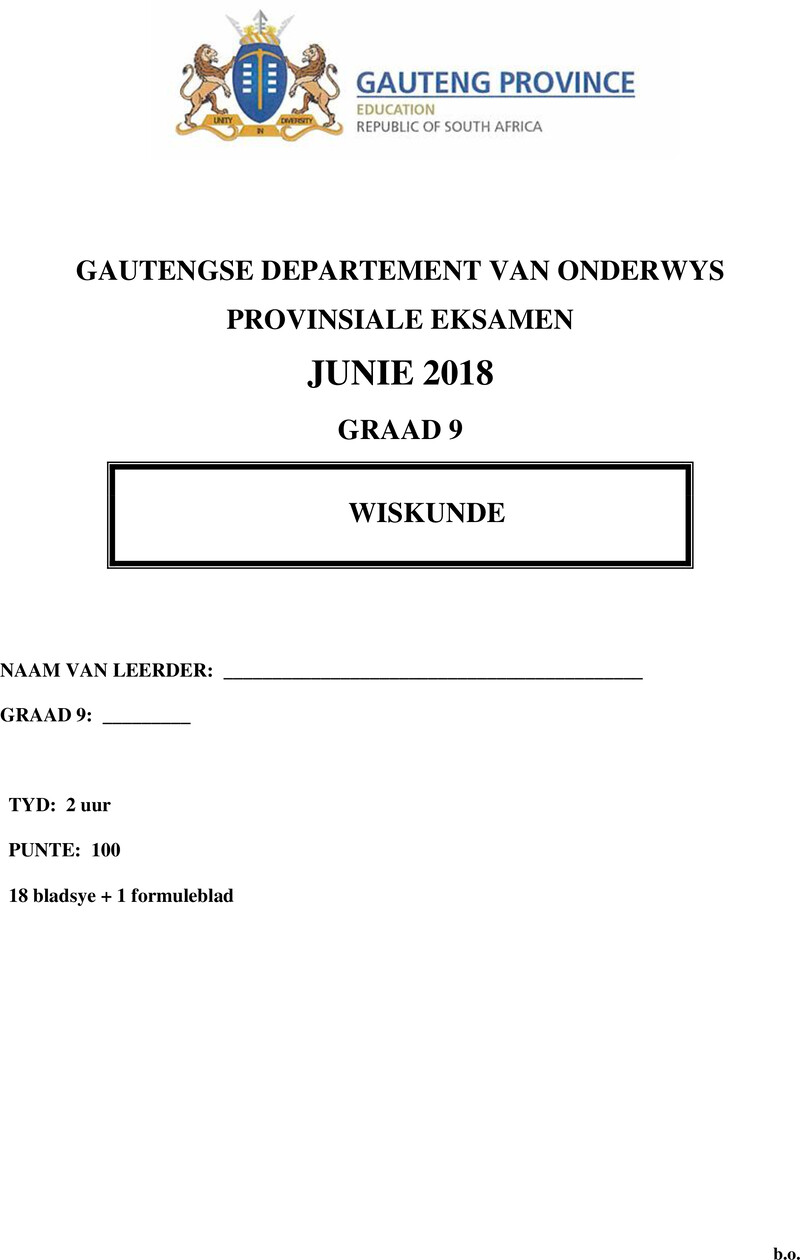 Grade 9 Provincial Exam Mathematics Afr June 2018 QP