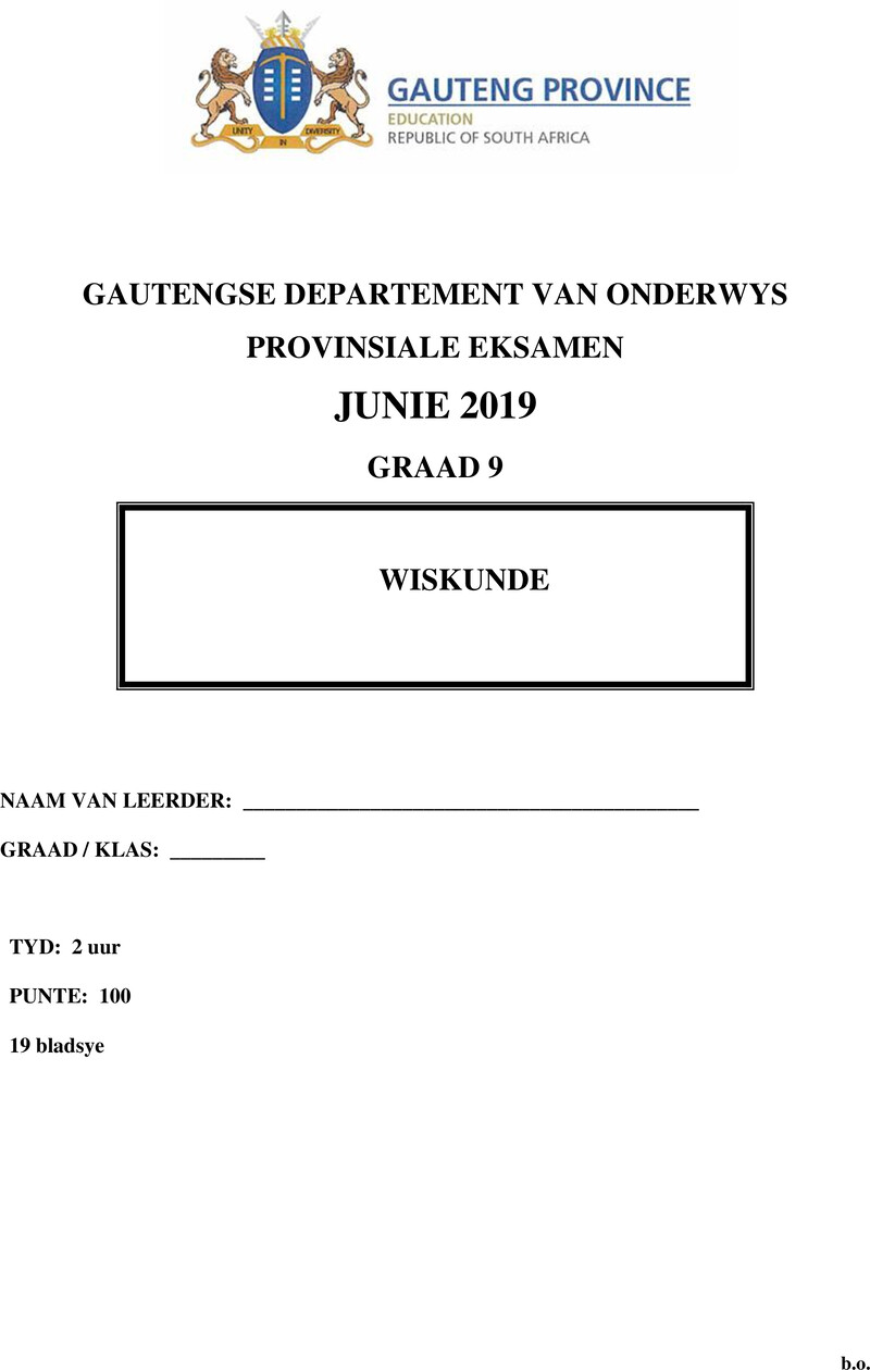 Grade 9 Provincial Exam Mathematics Afr June 2019 QP
