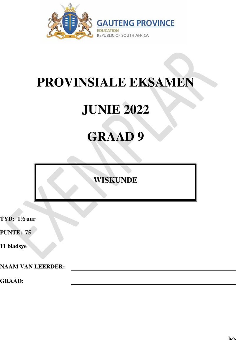 Grade 9 Provincial Exam Mathematics Afr June 2022 QP
