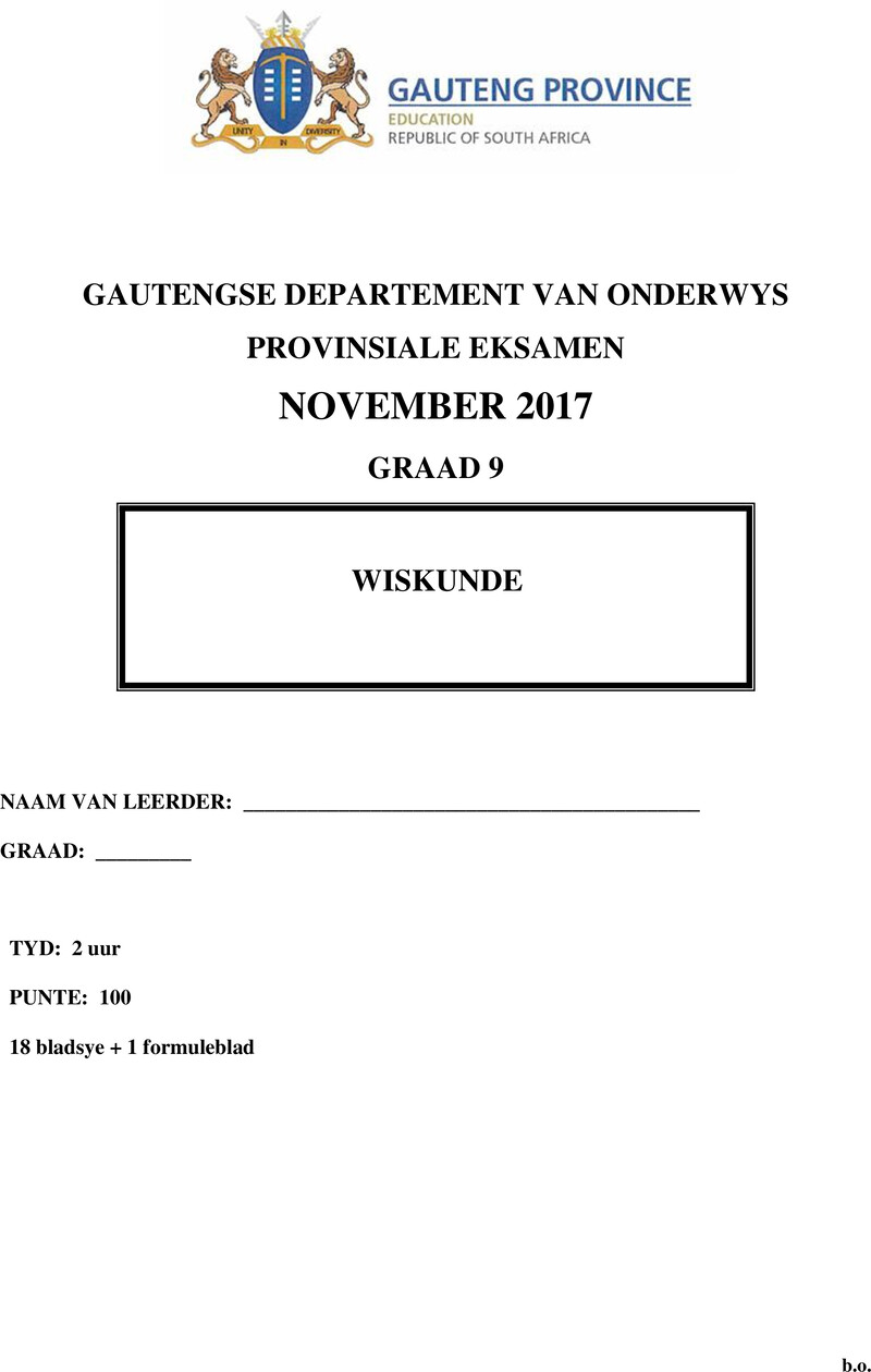 Grade 9 Provincial Exam Mathematics Afr November 2017 QP
