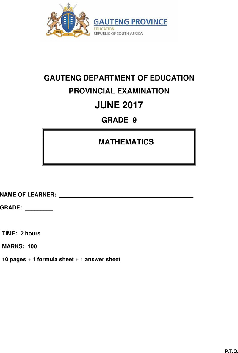 Grade 9 Mathematics past paper 2017 – grade 9 provincial exam mathematics ng june 2017 qp