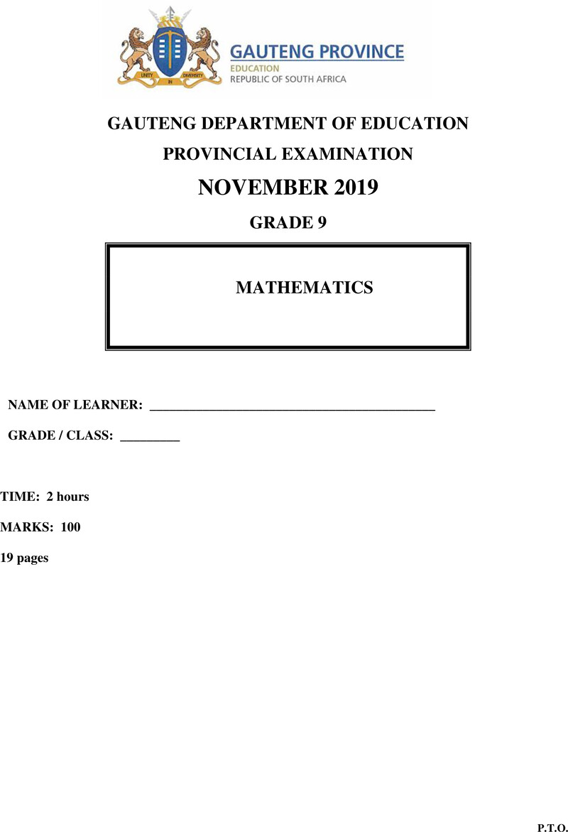 Grade 9 Provincial Exam Mathematics Ng November 2019 QP