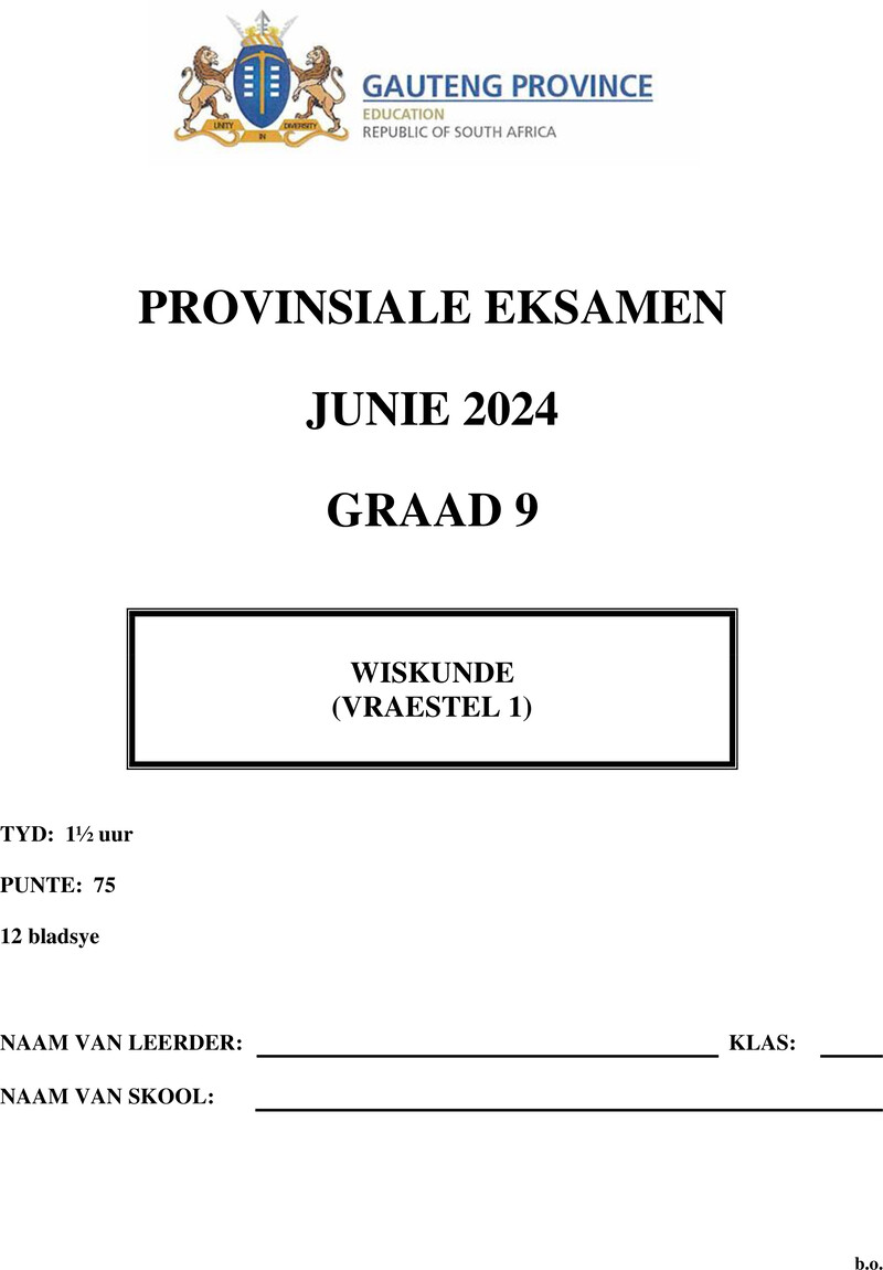 Grade 9 Provincial Exam Mathematics P1 Afr June 2024 QP
