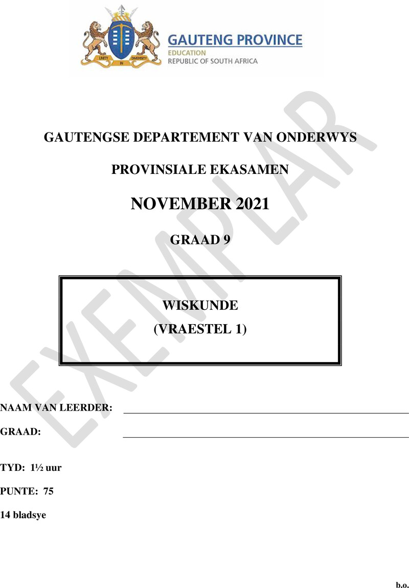 Grade 9 Provincial Exam Mathematics P1 Afr November 2021 QP
