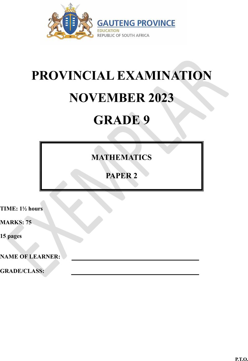 Grade 9 Provincial Exam Mathematics P2 Ng November 2023 QP