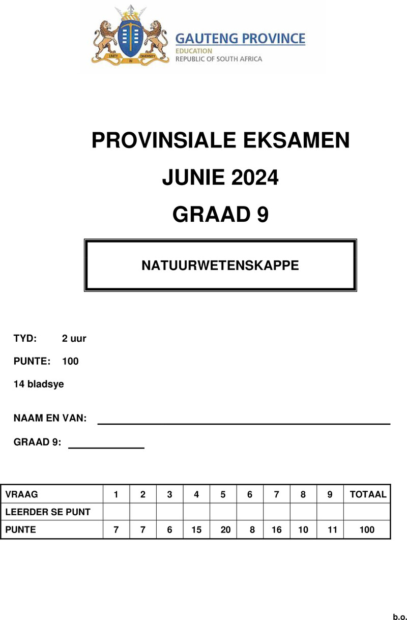 Grade 9 Natuurwetenskappe past paper 2024 – grade 9 provincial exam natural sciences afr june 2024 qp