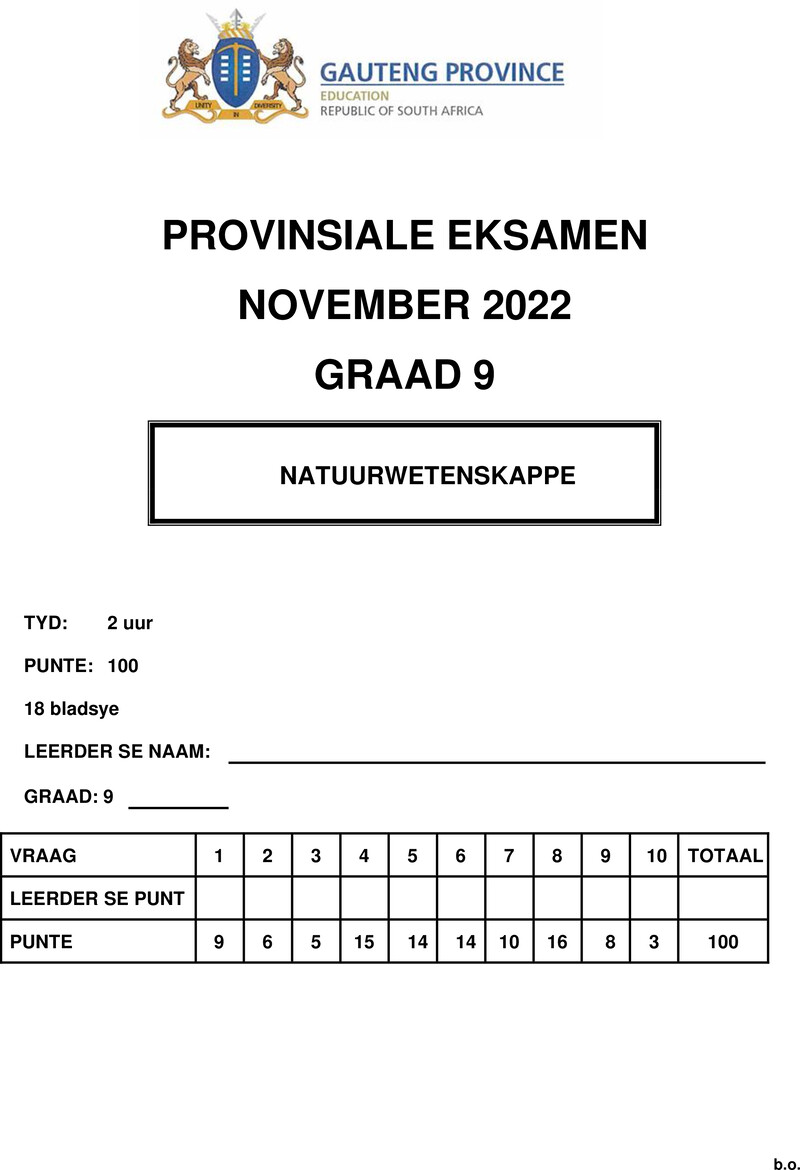 Grade 9 Provincial Exam Natural Sciences Afr November 2022 QP