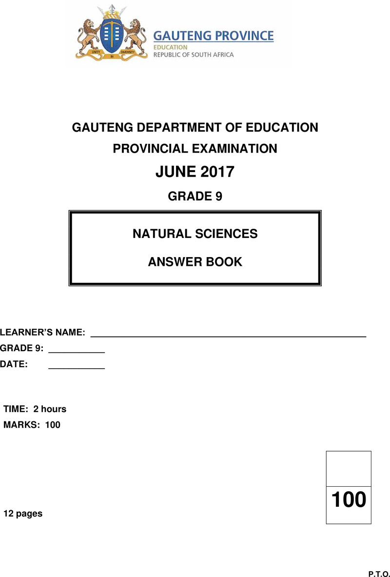 Grade 9 Provincial Exam Natural Sciences Ng June 2017 Possible Answer