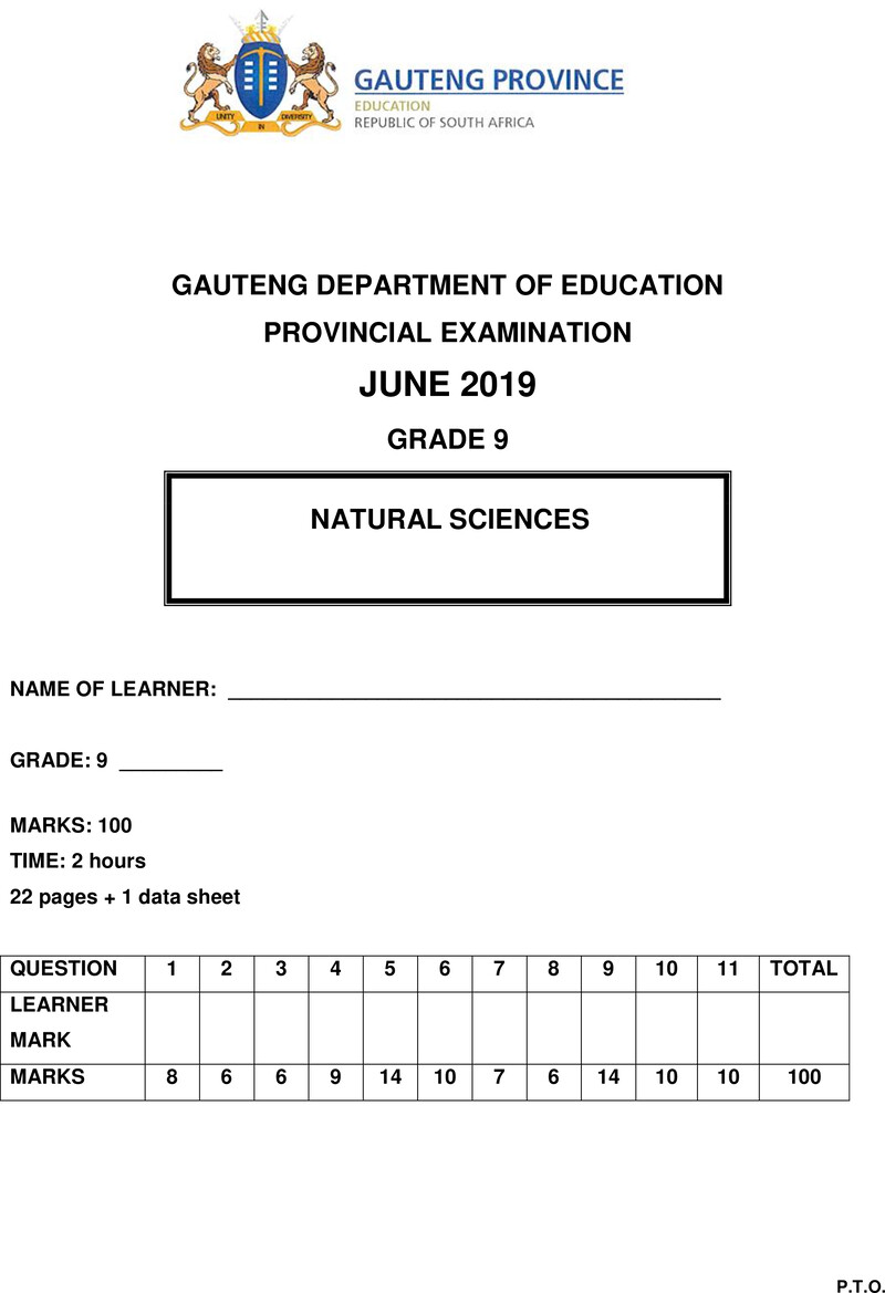 Grade 9 Provincial Exam Natural Sciences Ng June 2019 QP