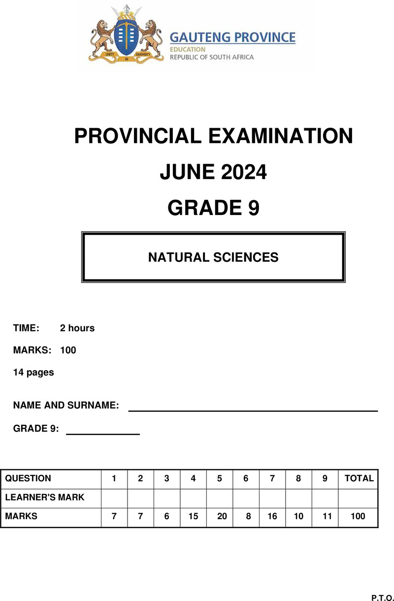Grade 9 Provincial Exam Natural Sciences Ng June 2024 QP