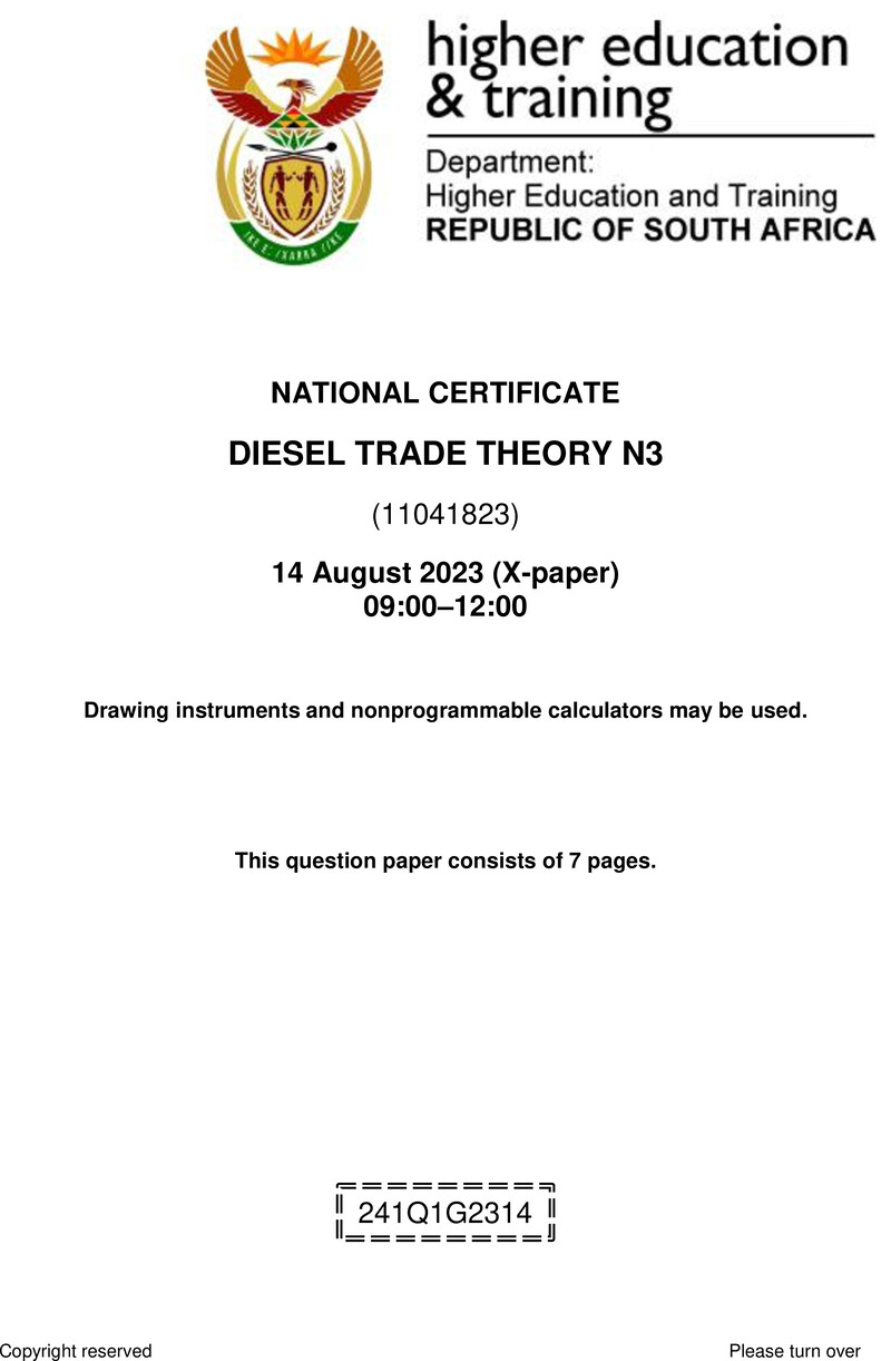 T450 Diesel Trade Theory N3 QP Nov For Aug 2023 Signed Off