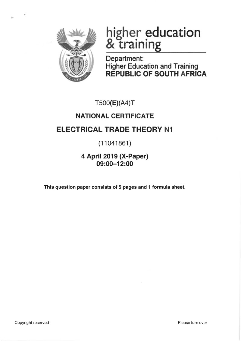 Electrical Trade Theory N1 Exam Paper 1 2019