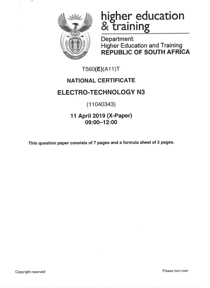 Electrotechnology N3 Exam Paper 1 2019