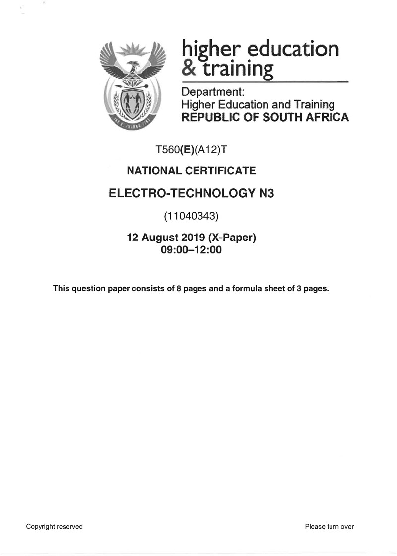 Electrotechnology N3 Exam Paper 2 2019