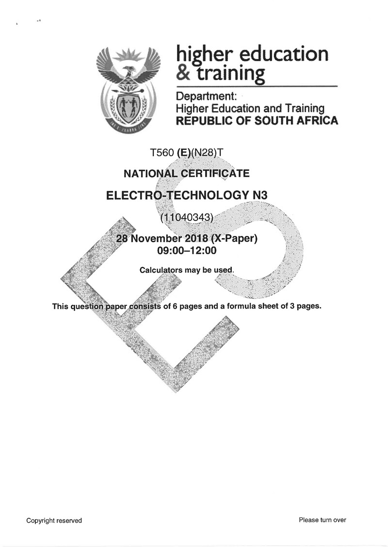 Electrotechnology N3 Exam Paper 3 2018