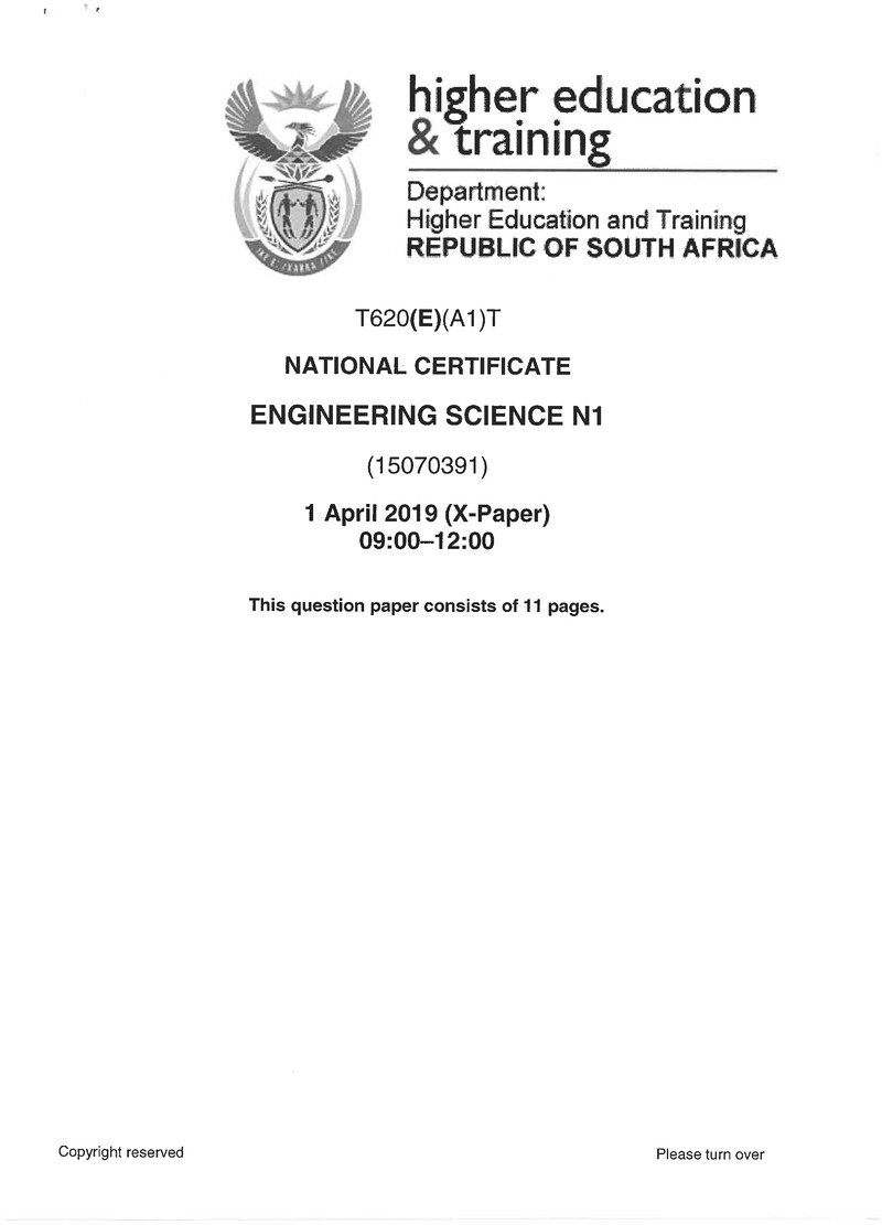 Engineering Science N1 Exam Paper 1 2019