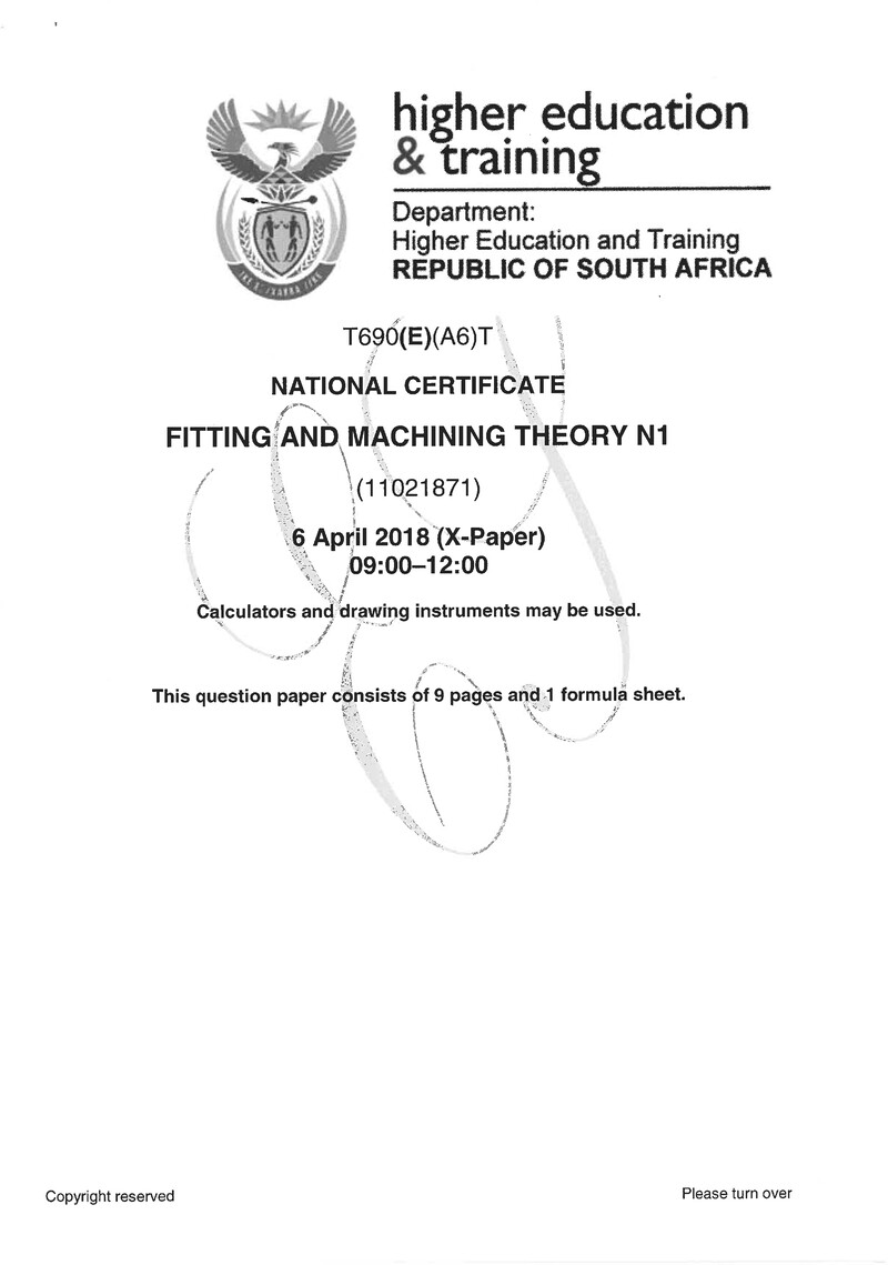 Fitting And Machining Theory N1 Exam Paper 1 2018