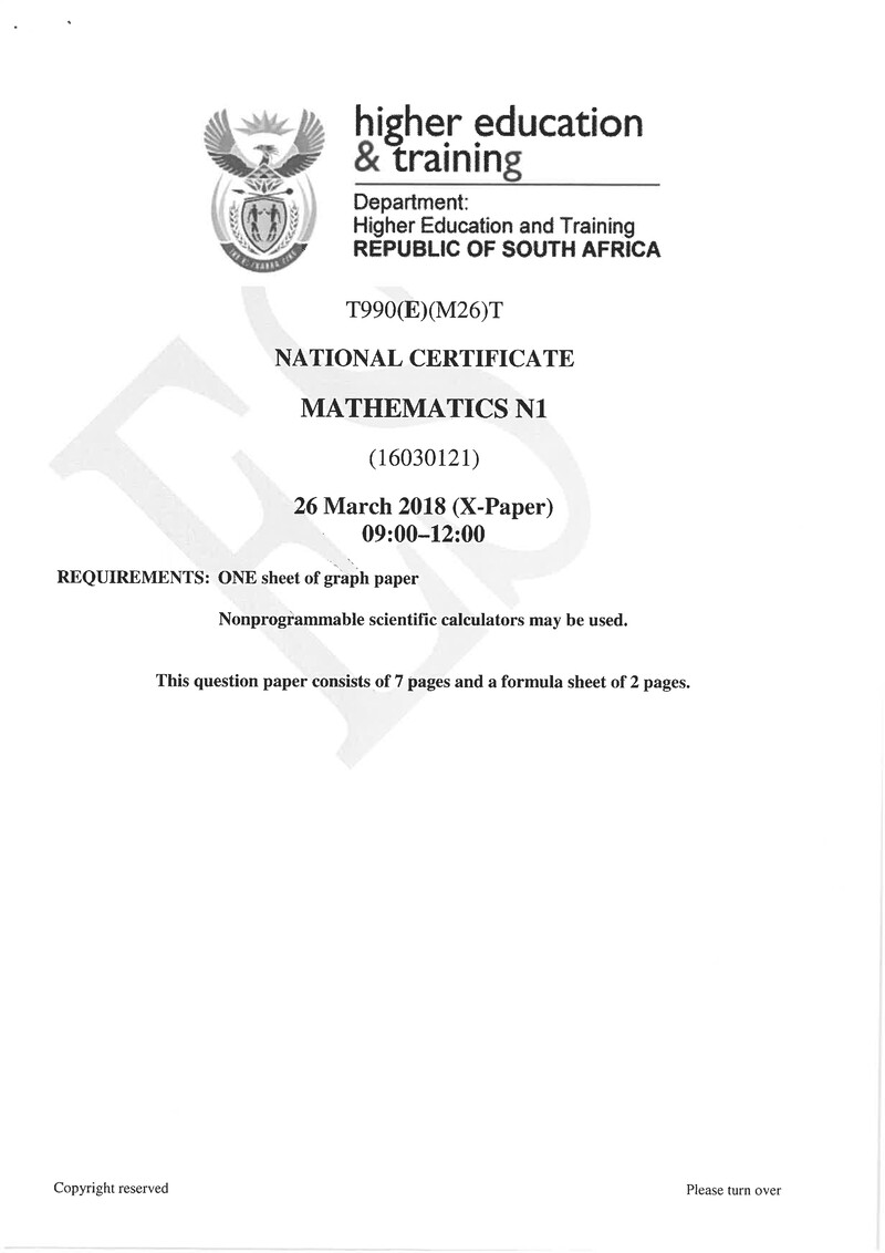 Mathematics N1 Exam Paper 1 2018