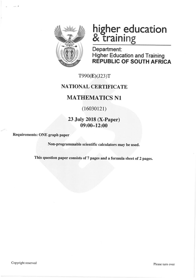 Mathematics N1 Exam Paper 2 2018
