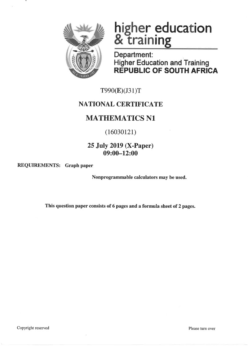 Mathematics N1 Exam Paper 2 2019