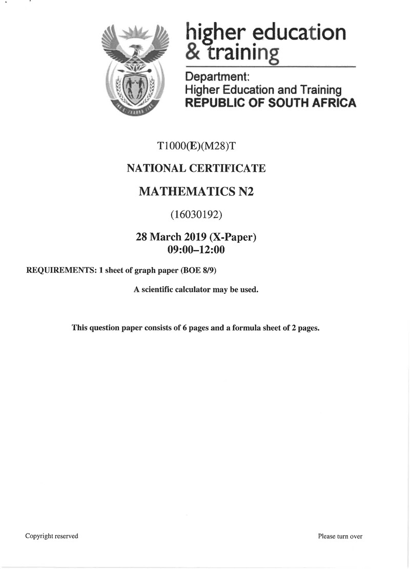 Mathematics N2 Exam Paper 1 2019