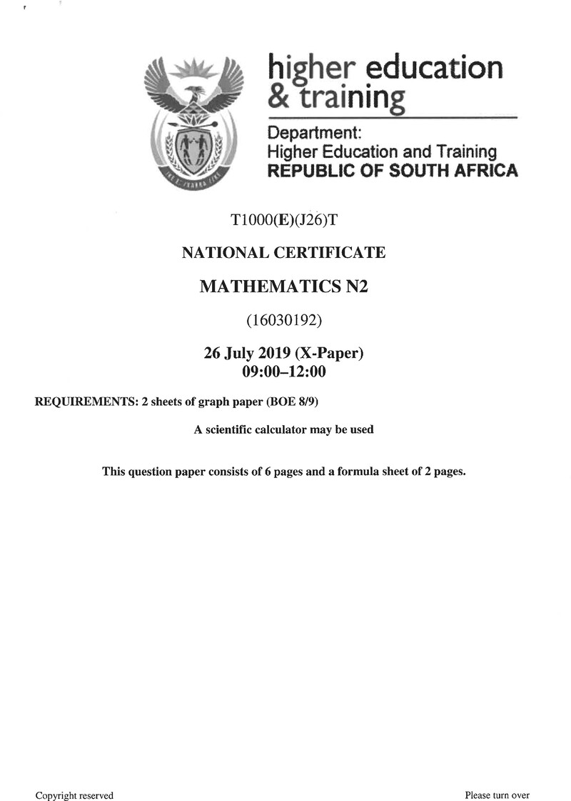 Mathematics N2 Exam Paper 2 2019