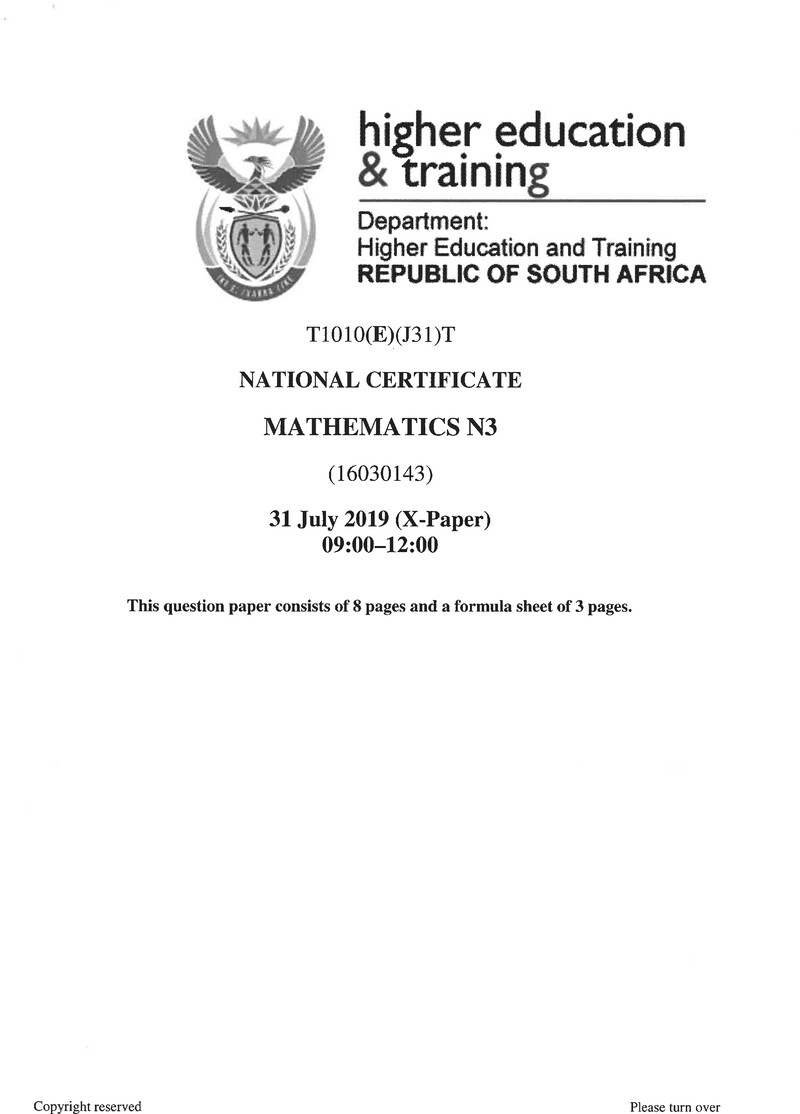 Mathematics N3 Exam Paper 2 2019