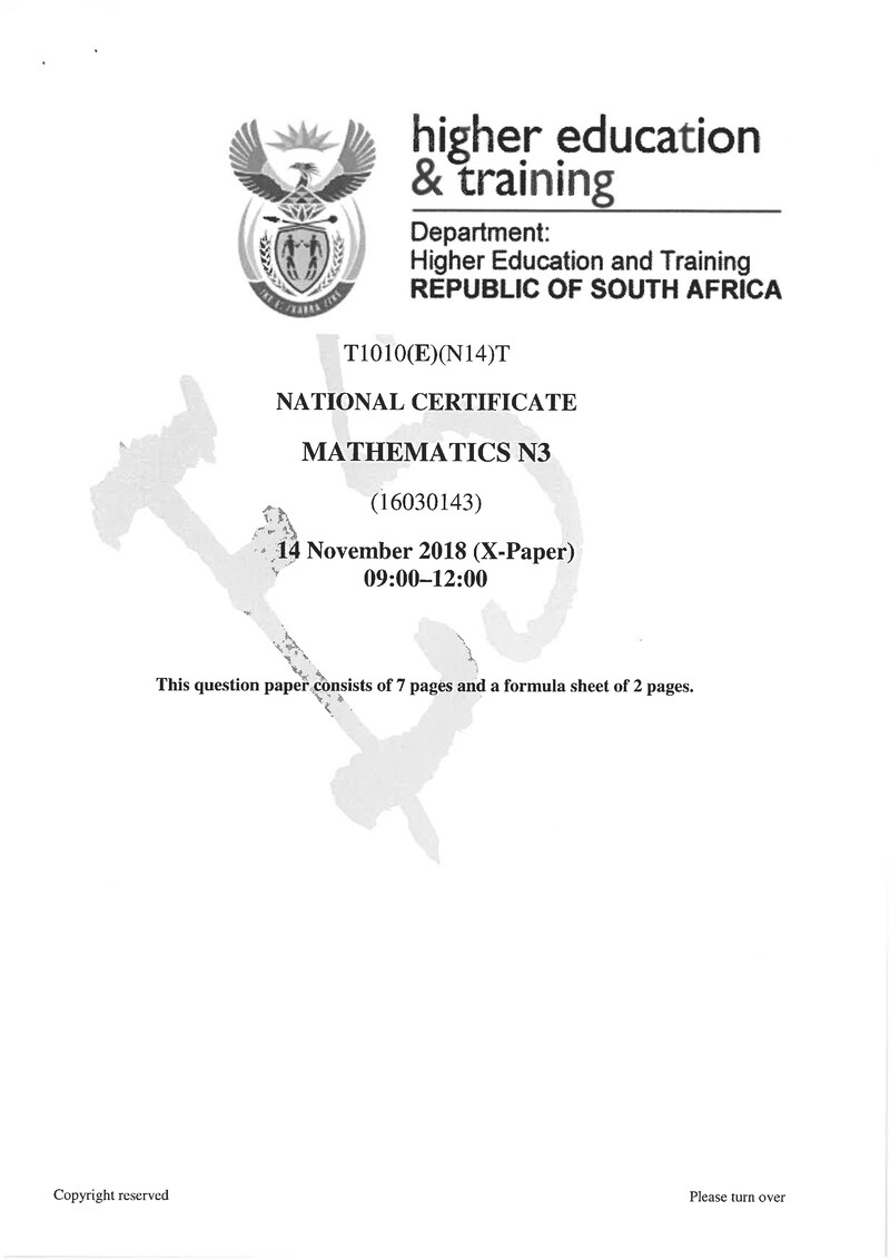 Mathematics N3 Exam Paper 3 2018