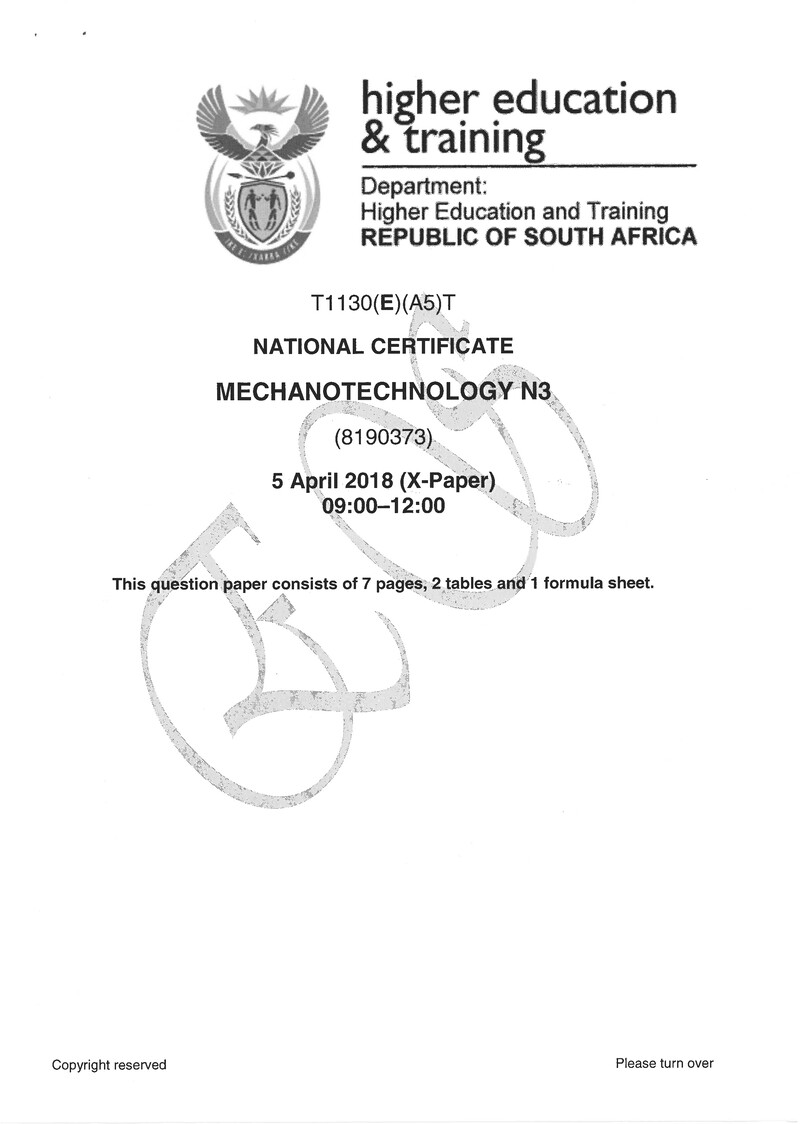 Mechanotechnology N3 Exam Paper 1 2018