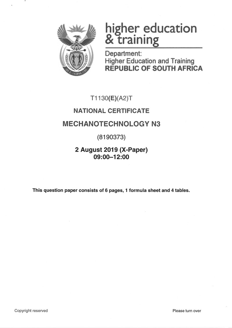 Mechanotechnology N3 Exam Paper 2 2019