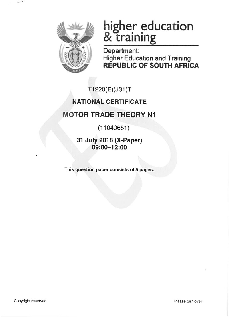 Motor Trade Theory N1 Exam Paper 2 2018